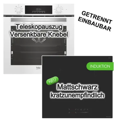 Produktbild von Herdset Beko Backofen Teleskopauszug SteamShine® weiß + keenberk mattes Induktionskochfeld Booster Touch-Slider