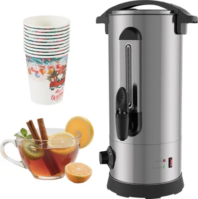 Zdjęcie produktu dla Eikuavons, podgrzewacz do grzanego wina o pojemności 10 litrów, moc 1500W, wykonany ze stali nierdzewnej, dozownik ciepłych napojów z termostatem, okienkiem umożliwiającym obserwację poziomu oraz 10 kubkami, kolor srebrny