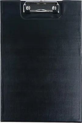 A black clipboard is shown against a white background.