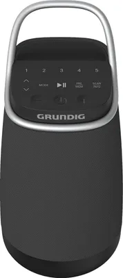 A studio shot of a black Grundig DAB radio with a silver handle.
