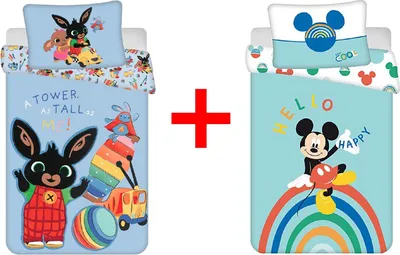 Produktbild von Kinderbettwäsche Bing Bunny und Micky Maus 100 x 135 Bettdecke + 40 x 60 cm Kopfkissen, 100% Baumwolle für Babys, Kinder, Geschenk-Set