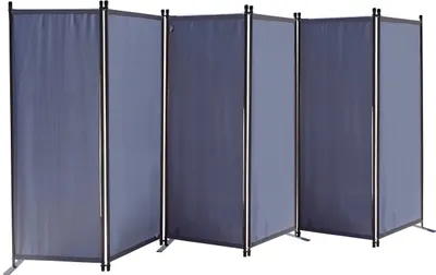 A gray, six-panel folding room divider or screen, set up to form a curved partition.