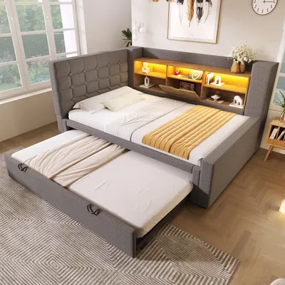 Produktbild von okwish Schlafsofa 90x200 L-förmiges Tagesbett mit Ausziehbett,Daybett mit LED-Beleuchtung,Jugendbett Kinderbett mit offene Staufächer,Grau (Ohne Matratze)