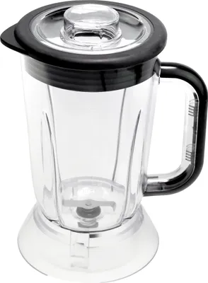 A close-up studio shot of a blender jug with its lid.