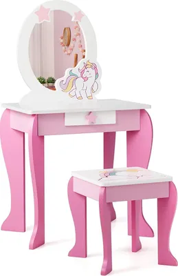 Produktbild von GOPLUS Kinder Schminktisch mit Hocker & abnehmbarem Spiegel & Schublade, Frisiertisch aus MDF Holz, Kosmetiktisch mit Haarband & Haarspange, für Mädchen ab 3 Jahren, rosa