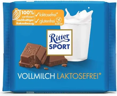 Produktbild von Ritter Sport Fine Milk Chocolate, Milchschokolade, 100 g, 1 Stück(e), Sugar, cocoa butter, whole MILK powder (21 %), cocoa mass, emulsifier: lecithins (SOYA)., Künstliches Aroma, 2377 kJ