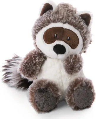 A plush toy raccoon sitting on a white background.