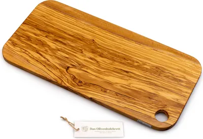 Produktbild von Schneidebrett aus Olivenholz, rechteckig mit gerundeten Ecken mit Loch, massiv 60 x 30 x 2,5 cm