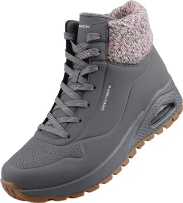 A single gray Skechers boot with a pink and gray knitted collar and a brown sole, isolated on a white background.