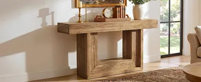 Produktbild von Holz-Konsolentisch - Schmales Flur- & Sofatisch - 160x35x85 cm - Landhausstil mit offener Ablage - Rechteckig, ohne Schubladen - Braun