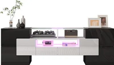 Immagine prodotto di Sweiko Elegante mobile TV, lavagna. bianco lucido, 145 cm, illuminazione a LED, mobili per il soggiorno. design moderno. elegante superficie in vetro.