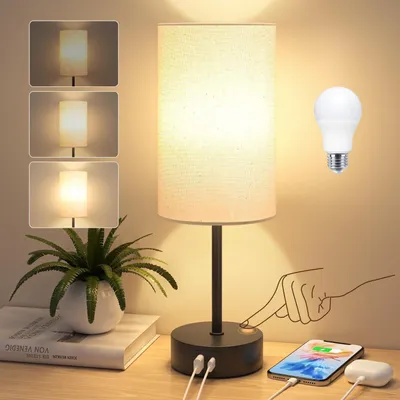 Productafbeelding van Dimbare bedlampje met USB-oplaadpoorten, lampenkap van linnen