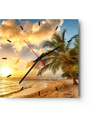 Produktbild von Wanduhr - Quadrat - Glasuhr - Strand Meer Palme - 40x40cm - Schleichendes Uhrwerk - Lautlos - zum Aufhängen bereit - Dekoration Modern - Wanddekoration aus Glas - C3AC40x40-3606