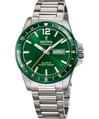 A product shot of a Festina men's watch with a green dial and silver metal band.