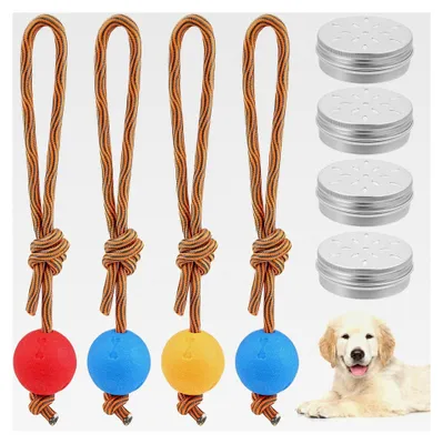 Produktbild von Hundeball mit Schnur, 4 Stück Hundespielzeug Ball mit Seil und 4 Geruchstrainingsboxen, Wurfball für Hunde, weich und elastisch, für extrem weite Würfe (5 cm, Rot, Blau, Gelb)