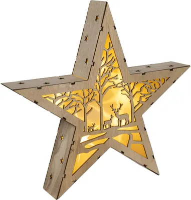 Produktbild von Bambelaa! Holzstern mit Winterkulisse Fensterdeko zum Stellen mit 10 warmweißen LEDs batteriebetrieben für Innen aus Holz und Kunststoff ca. 30 x 6 x 30 cm