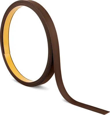 A roll of brown PVC flat profile with adhesive backing, shown in a coil with the end unrolling.