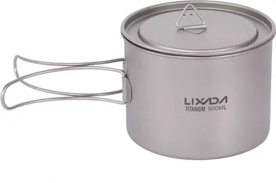 Obrázok produktu pre Lixada 900 ml titánový pohár – ultralahký prenosný pohár s viečkom a skladateľnou rukoväťou, vhodný na outdoorové aktivity, kempovanie a turistiku, do batohu