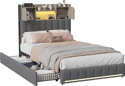 Immagine prodotto di Letto Moonbite con spazio contenitore, dimensioni 90x200 cm, rivestito in lino grigio, con 4 cassetti, porta USB, illuminazione LED e comodini integrati
