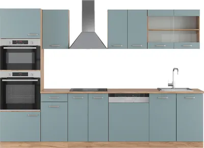 Produktbild von Vicco Küchenzeile R-Line, 300 cm mit Hochschrank, ohne Arbeitsplatte, Blau-Grau/Goldkraft Eiche