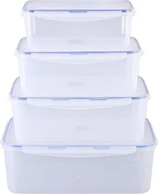 A stack of four clear plastic food storage containers with blue lids, presented against a white background.
