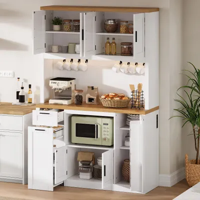 Immagine prodotto di MODFU, mobiletto buffet/dispensa per cucina, armadietto alto da 182 cm, mobiletto contenitore con LED e prese di corrente, colore bianco