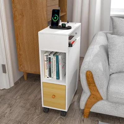 Produktbild von Beistelltisch schmal,Nachttisch mit Ladefunktion,Couchtisch Kommode klein Sofatisch auf Rollen für kleine Räume,Schlafzimmer und Wohnzimmer 50x25x70cm