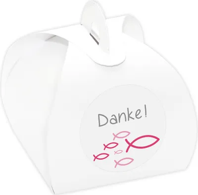 Produktbild von 24 x Kartonagen + Aufkleber 'Fische' Gastgeschenke Set für Taufe, Kommunion, Konfirmation (Danke! - pink)