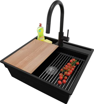 Produktbild von PRIMAGRAN Granitspüle Schwarz 58x53cm, Spülbecken 1 Becken + Ablauf-Set + Küchenzubehörset, Küchenspüle ab 60er Unterschrank - Oslo Pocket