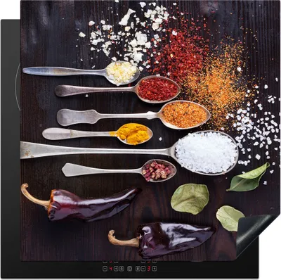 Produktbild von KitchenYeah© Herdabdeckplatte Kräuter - Löffel - Gewürze - Industrie , 78x78cm, Küche Deko, Glaskeramikkochfeld Herdabdeckung, Abdeckplatte fùr Kochfeld