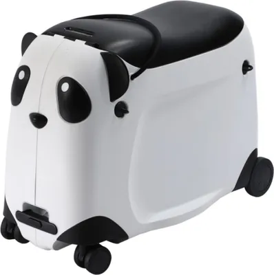 A panda-shaped children's rolling suitcase is shown against a white background.