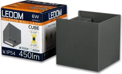 Imagen del producto de Lámpara de pared exterior LEDOM CUBE, LED 2x3W (6W), 3000K, luz blanca cálida, 450lm, IP54, resistente al agua, foco direccional hacia arriba y hacia abajo, forma cúbica, para uso en exteriores e interiores, color gris