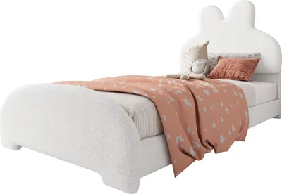 Produktbild von Einzelbett Polsterbett, Bettkopf in Hasenohrenform, einfach, stilvoll und bequem, Cartoon niedlich Stil, Vliesimitat, Weiß