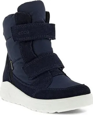 A studio shot of a navy blue winter boot.