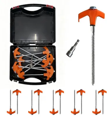 Obrázek produktu pro Kempingové kotvy – šroubovací kolíky do stanu – ocel – sada 10 ks – s úložnou krabičkou – pro stany a outdoor