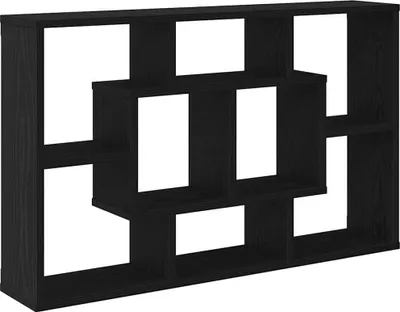 A black wooden shelf unit with multiple compartments.