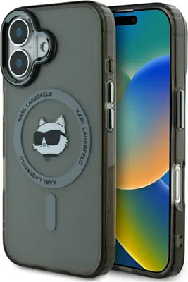 Produktbild von MagSafe Hülle für Apple iPhone 16 - Karl Lagerfeld IML Metal Choupette Head Back Cover - Schwarz