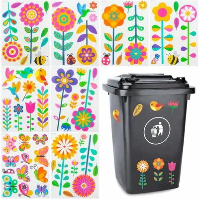 Productafbeelding van TRANKIELO® - Decoratieve afvalcontainerstickers - Zelfklevend met bloemen en vlinders - 62 stuks kleurrijk ontwerp