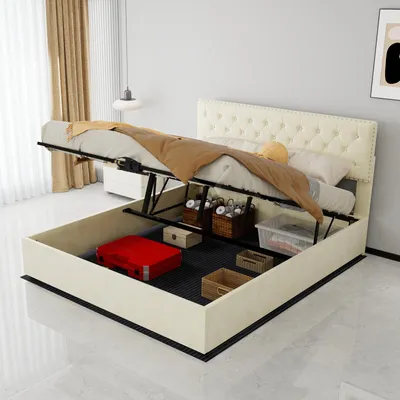 Zdjęcie produktu dla Łóżko tapicerowane 90x200 cm, funkcjonalne jako sofa, z hydraulicznym pojemnikiem na pościel, obite welurem w kolorze beżowym, z metalowym stelażem i wymiennymi bocznymi elementami