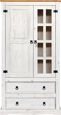 Produktbild von Möbilia Vitrine | mit 2 Türen, 2 Schubladen | Kiefer-Holz massiv | B 100 x T 41 x H 190 cm | weiß lackiert, honigfarbige Deckplatte | 19020044 | Serie VITRINE