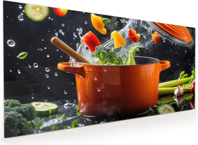Produktbild von Küchenrückwand Spritzschutz Glas mit Motiv Kochtopf mit Gemüse 40 x 40 cm