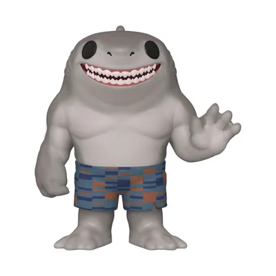 A vinyl Funko Pop! figure of King Shark from The Suicide Squad, standing and waving.
