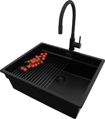 Produktbild von PRIMAGRAN Unterbauspüle Granit Alles Schwarz 56x47cm, Spülbecken 1 Becken + Ablauf-Set + Küchenzubehörset, Granitspüle ab 60er Unterschrank - Praga