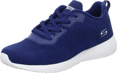 A blue Skechers Bobs Squad training shoe with a white sole, shown from the side against a white background.