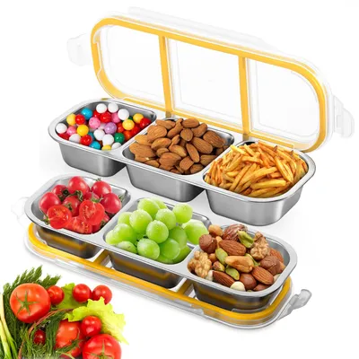 Produktbild von 2-teiliges Edelstahl-Snackbox-Set mit Fächern, auslaufsicherer Snackbehälter mit Fächern, spülmaschinenfest, Kinder-Lunchbox, Essenszubereitungsboxen, Edelstahl-Bento-Box mit Deckel für Schule, Arbeit und Camping