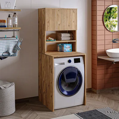 Image de Armoire de rangement pour lave-linge Roomart ATLANTIC-III, 65 cm de large, chêne