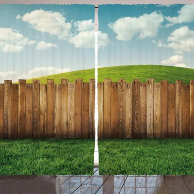 Produktbild von ARANDE Ackerland Gardine, Hölzerner Gartenzaun auf Wiesen-Hirtenumwelt mit bewölktem Himmel-Design, 280 x 175 cm, Grün Braun