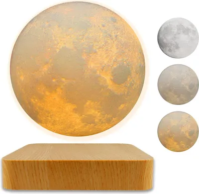 A floating moon lamp with a wooden base, shown with three smaller moon images on the right.