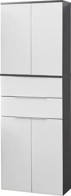 A tall, white and gray cabinet with multiple doors and drawers.