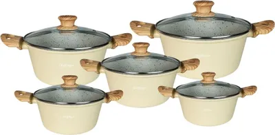 Obrázok produktu pre Súprava riadu 10 ks so sklenenými pokrievkami - vhodná na indukciu, nepriľnavý mramorový povrch Beige